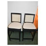 Pair of Black Wood and Rattan Bar Stools
