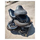 Pallet with Motorcycle Tires, Rims, Seats