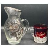Glass Pitcher and Ruby Glass Souvenir Mug