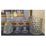 Cut Glass Decanter, Candle Holders, and Pitcher