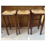 Three Wooden Bar Stools w/ Woven Seats