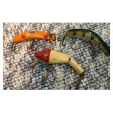 Trio of Vintage Wooden Fishing Lures with Hooks