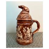 Brown Ceramic Lidded Stein with Relief Figures and
