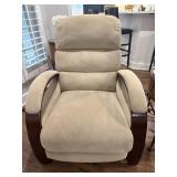 Beige Upholstered Recliner with Wood Arms