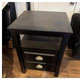 Black Wooden Side Table with Drawers and Shelf