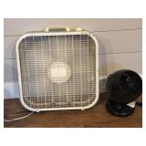 Two Electric Fans, White Box Fan and Black Table F