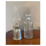 Metal Oil Lamp and Cut Glass Decanter
