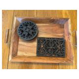 Wood Serving Tray with 6 Metal Trivets