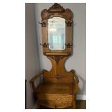 Ornate Oak Hall Tree with Mirror and Storage Bench