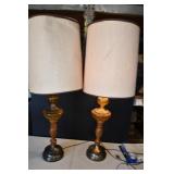 Pair of MCM Amber Glass & Brass Table Lamps