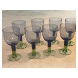 8 Blue Tint Glass Goblets w/ Green Base