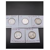 (5) 1958-D Washington Silver Quarters