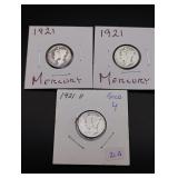 (2) 1921 & (1) 1921-D Mercury Silver Dimes