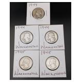(5) Washington Silver Quarters