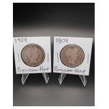 (2) 1909 Barber Silver Half Dollars