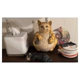 Cat Figurine, Plates, and Decor Lot