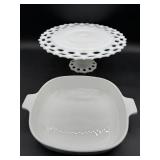 Vintage Casserole Dish & Milk Glass Cake Stand