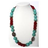 Mangasite Turquoise, Red Coral Necklace