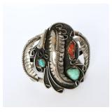 Vintage Sterling Feather and Stone Cuff Bracelet