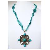 Filigree Turquoise Cross Pendant Ribbon Necklace