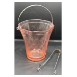 Pink Glass Ice Bucket With Tongs
