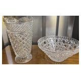 Pressed Glass Vase w/ Scalloped Rim & Bowl