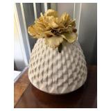 Textured White Ceramic Vase w/ Artificial Flower