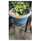 Blue Ceramic Planter w/ Metal Stand