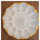 Milkglass Deviled Egg Plate w/ Yellow Trim