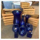 Blue Glassware & Wooden Crates