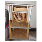 Homemade Shelving Unit with Baseball Bat Legs