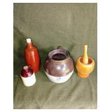 Handled Crock, Small Jug, Corked Bottle, & More