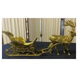 Brass Reindeer and Sleigh Decoration Set