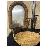 Rattan Mirror, Crocodile Planter, Candlesticks, an