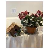 Hanging Birdhouse and Floral Hanging Basket