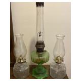 Three Kerosene Lamps Including Green Glass Aladdin