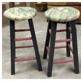 Wooden Stools with Patterned Fabric Seats