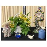 Tabletop Decor Lot With Clock, Figurine, and Flora