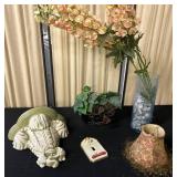 Decorative Items Including Faux Plants and Wall Sc