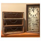 Framed Clock and 2 -Wicker Drawer Sets