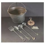 Cast Iron 3-Footed Pot, Utensils, Flue Damper