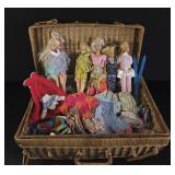 Barbie Dolls and Outfits in Wicker Case