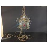 Ornate Swag Lamp with Colored Glass