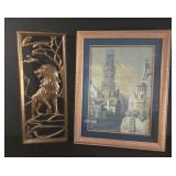 Framed Tapestry and SyrocoWood Lion Art