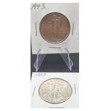 2pc Walking Liberty Silver Half Dollars