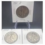 3pc Walking Liberty Silver Half Dollars