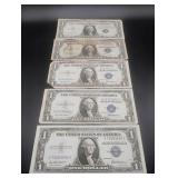5 Circulated $1 Silver Certificates