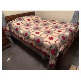 Vintage Queen Wooden Bed Frame w/Quilted Bedspread