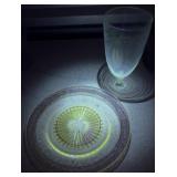 Vaseline Glass Plate w/ Gold Trim and Goblet
