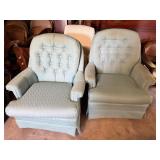 Pair Blue Tufted Upholstered Arm Chairs w/Skirts
